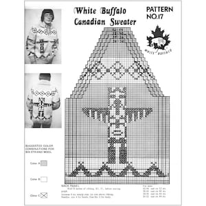 Vintage White Buffalo 17 Cowichan Sweater Pattern Unisex Cowichan Knitting Pattern Zip Cardigan Totem Pole Design Bulky Wool Raglan Siwash