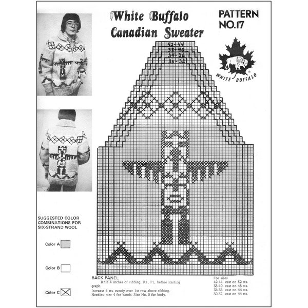 Vintage White Buffalo 17 Cowichan Sweater Pattern Unisex Cowichan Knitting Pattern Zip Cardigan Totem Pole Design Bulky Wool Raglan Siwash
