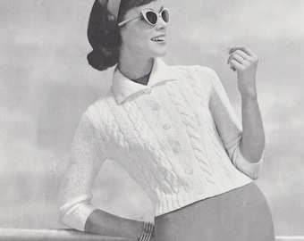 Vintage 1950s Knitting Pattern Cropped Cardigan Sweater with Bracelet Length Sleeves and Cable Front