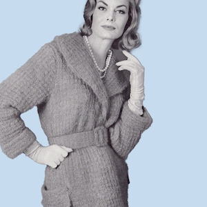 Vintage 1950s Knitting Pattern Long Ladies Knitted Coat Pattern Cozy Wrap Coat with Belt Fifties Coat Pattern Multi Size 50s Pattern
