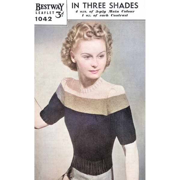 Vintage 1940s Knitting Pattern Bestway 1042 Short Sleeve Sweater Jumper Puffed Sleeve Color Block Stripe War Era Knits Home Fires Land Girls