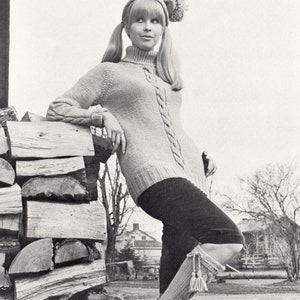 Vintage 1960s Knitting Patterns for Cabled Turtleneck Pullover Sweater with Matching Pom Pom Hat and Tasseled Knee High Socks Sixties Mod