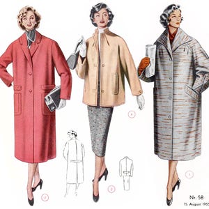 May include: Three women wearing different styles of coats. The woman on the left is wearing a red coat, the woman in the middle is wearing a beige coat, and the woman on the right is wearing a grey and white striped coat. Nr. 58 15. August 1955