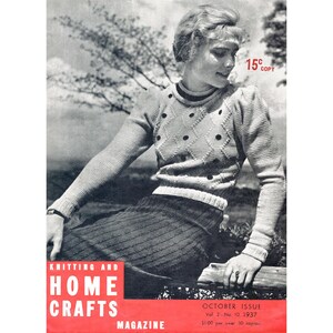 May include: Vintage magazine cover featuring a woman in a knitted sweater with diamond and dot patterns. The magazine title is "Knitting and Home Crafts Magazine" with the October 1937 issue displayed. The cover is in black, white, and red.