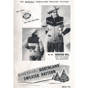 Mary Maxim 412 Hereford Bull 1950s Bulky Knit Cardigan Sweater Knitting Pattern Vintage Shawl Collar Cowichan Sweater Fifties Men Unisex