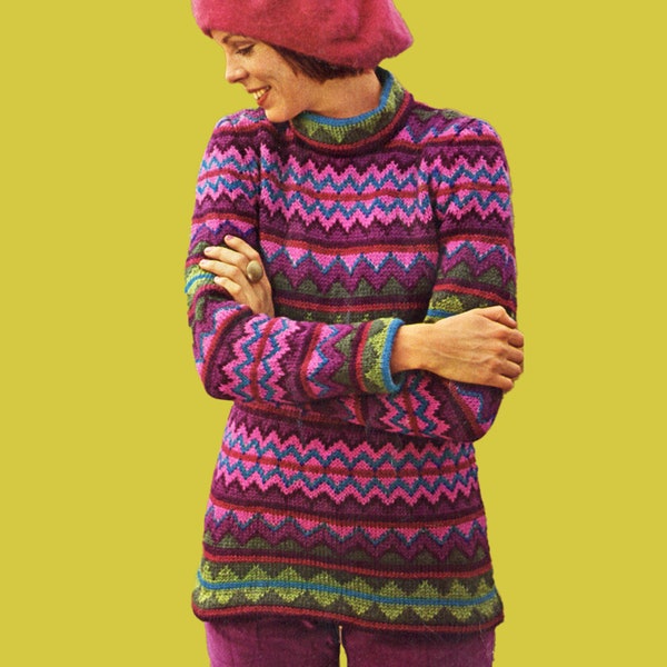 Pull scandinave à motif vintage des années 1970 en tricot technique jacquard jacquard tunique tricotée des années 70