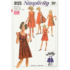 Puede incluir: Patrón de costura Simplicity vintage, que presenta un diseño de vestido con detalle de lazo. El patrón incluye múltiples vistas del vestido, con un rango de talla de busto de 87,6 cm a 114,3 cm. El patrón está marcado como "Nueva Talla" e incluye el logo "Jiffy".