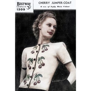 1940s Cherry Cardigan Knitting Pattern: Tyrolean Jumper, Bestway 1309 (PDF Pattern)