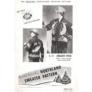 1950s Mary Maxim 414 Angler’s Pride Cowichan Sweater Pattern Vintage Fifties Knitting Pattern Shawl Collar Zip Front Cardigan Fish Sweater