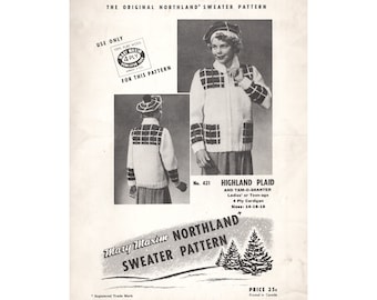 Mary Maxim 421 Highland Plaid 1950s Bulky Knit Cardigan Sweater Graph Style Pattern Vintage Shawl Collar Cowichan Sweater Fifties Unisex