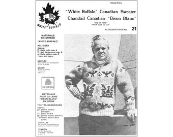 Vintage White Buffalo 21 Cowichan Sweater Pattern Unisex Cowichan Knitting Pattern Zip Cardigan Thunderbird Design Bulky Wool Raglan Siwash