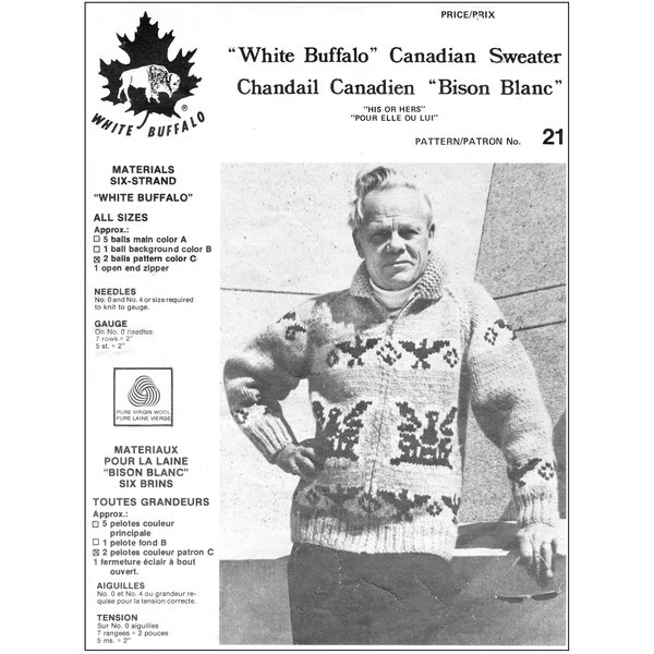 Vintage White Buffalo 21 Cowichan Sweater Pattern Unisex Cowichan Knitting Pattern Zip Cardigan Thunderbird Design Bulky Wool Raglan Siwash