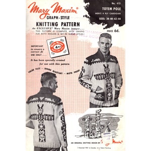 Mary Maxim 415 Totem Pole 1950s Bulky Knit Cardigan Sweater Knitting Pattern Vintage Shawl Collar Cowichan Sweater Fifties Men Unisex Graph