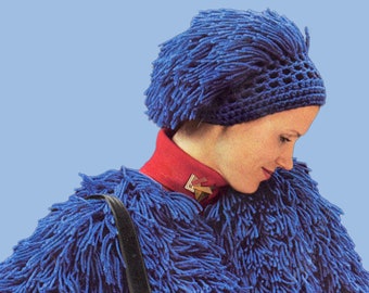 1970s Crochet Pattern for Vintage Women’s Faux Fur Sweater with Matching Cap Colourful Seventies Crochet Hat Pattern Shag Carpet Jacket Coat
