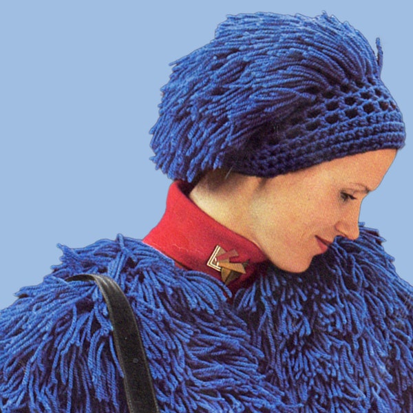 1970s Crochet Pattern for Vintage Women’s Faux Fur Jacket with Matching Cap Colourful Seventies Crochet Pattern Shag Carpet Coat