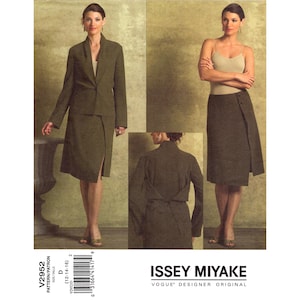 May include: A Vogue pattern featuring a women's suit and skirt designed by Issey Miyake. The suit is olive green with a blazer and a wrap skirt. The skirt is also olive green. The pattern includes sizes 12-14-16.