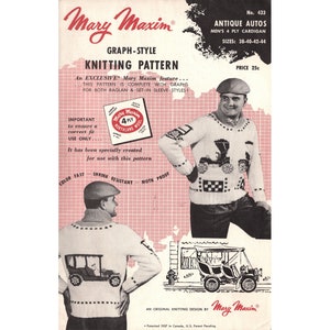 Mary Maxim 433 Antique Autos 1950s Bulky Knit Cardigan Sweater Knitting Pattern Vintage Shawl Collar Cowichan Sweater Fifties Men Unisex