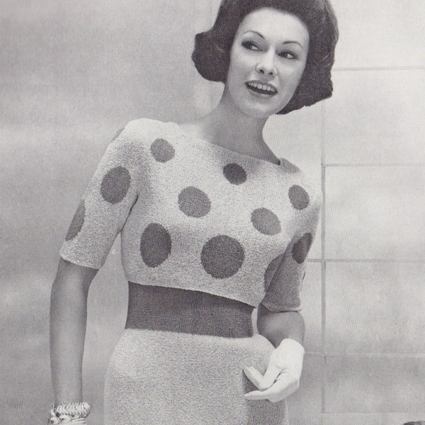 Vintage 1950s Knitting Pattern for Sleeveless Polka Dot Wiggle Dress with Matching Cropped Top Fifties Cocktail Dress