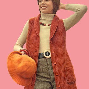 Vintage 1970s Crochet Pattern Knee Length Coat Long Vest Sleeveless Dress Shawl Collar Buttons Pockets Seventies Pattern
