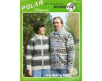 Vintage Unisex Cowichan Sweater Pattern Cowichan Knitting Pattern with Geometric Design Zipper Front Graph Style Pattern Siwash Cardigan