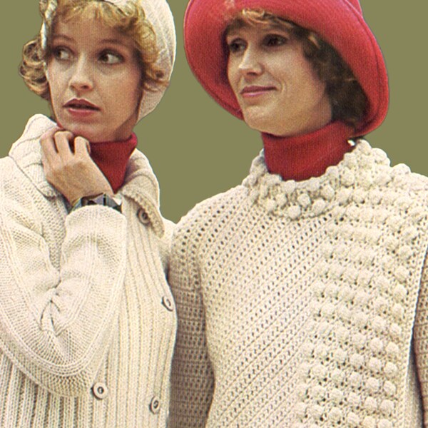 Vintage 1970s Coat Patterns with Matching Cloche Hat Two Coats in Bobble Crochet and Knitting Seventies Knitted Crocheted Coats Asymmetric