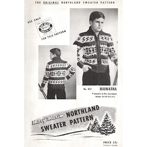 1950s Cowichan Sweater Pattern Mary Maxim 451 Hiawatha Fifties Knitting Pattern Shawl Collar Zipper Cardigan Children Sweater Pattern Siwash
