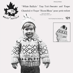 Vintage Unisex Children&#39;s Cowichan Sweater Knitting Pattern with Matching Hat Pattern Quick and Easy Bulky Weight White Buffalo Yarn