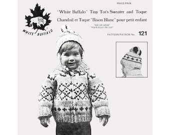 Vintage Unisex Children&#39;s Cowichan Sweater Knitting Pattern with Matching Hat Pattern Quick and Easy Bulky Weight White Buffalo Yarn