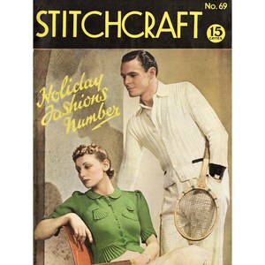 May include: A magazine cover featuring a man and woman in knitted clothing. The magazine is called "Stitchcraft" and the cover text reads "Holiday Fashions Number".