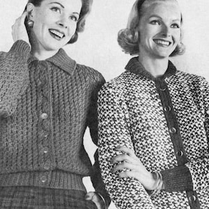 May include: Two women wearing knitted cardigans. The cardigan on the left is a solid gray color with a cable knit pattern. The cardigan on the right is a black and white patterned cardigan.