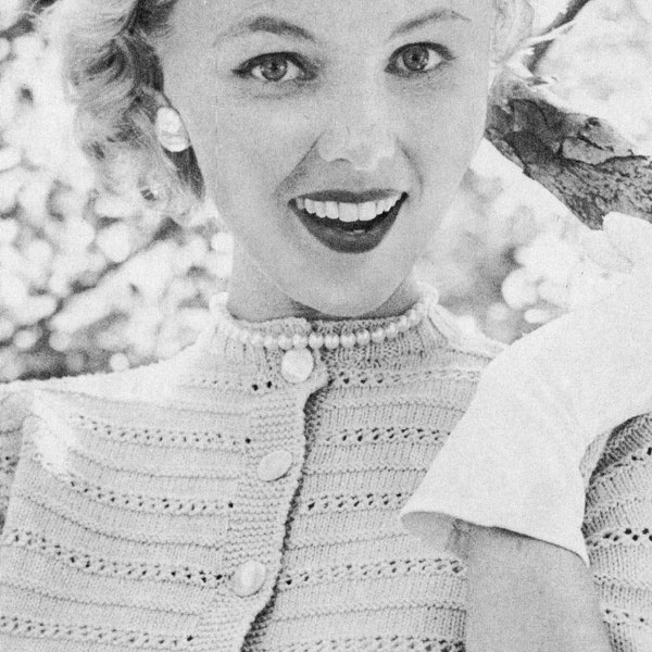 Vintage Knitting Pattern 1950s Cropped Cardigan with Jewel Neck and Elbow Length Sleeves Horizontal Lace Stripe Fifties Sweater Pattern