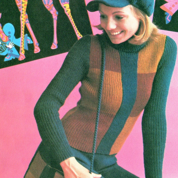 Vintage 1970s Knitting Pattern for Complete Patchwork Outfit: Knickerbockers Hat Sweater Fringe Bag Seventies Fashion