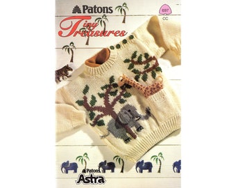 Vintage 80s Children's Sweater Knitting Pattern: Patons Tiny Treasures, Intarsia Animals (PDF Pattern)