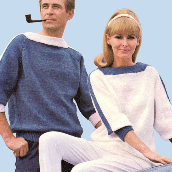 Vintage 1960s Knitting Pattern Unisex Boatneck Sweater Three Quarter Length Sleeves Relaxed Sixties Sweater