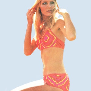 Vintage 1970s Crocheted Bikini Pattern Two-Piece Seventies Swimsuit Bathing Suit Pattern Granny Squares Sexy Boy Shorts