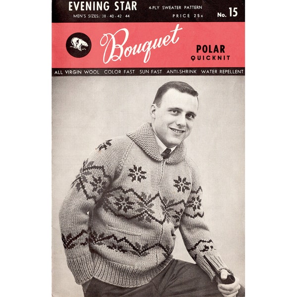 1950s Cowichan Sweater Pattern Bouquet 15 Evening Star Graph Style Knitting Pattern Fifties Vintage Cowichan Siwash Bulky Zipper Cardigan