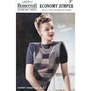 May include: A vintage knitting pattern for a women's jumper, featuring a model wearing a multi-coloured jumper with a geometric design. The pattern is titled "Homecraft Economy Jumper" and is made in "odd shades of wool". The pattern is from the "Cronit" brand and is priced at 3d. The text "Save Coupons" is also visible on the pattern.