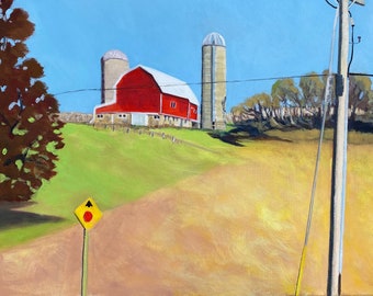 Road Trips: Lake Mills Red Barn, Original Acrylic Painting on Canvas