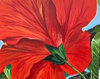 Red Hibiscus, Original Acrylic Painting on Board