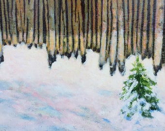 May include: A painting of a snowy forest scene with a single evergreen tree in the foreground. The tree is covered in snow and the background is a row of bare trees with snow on the ground.