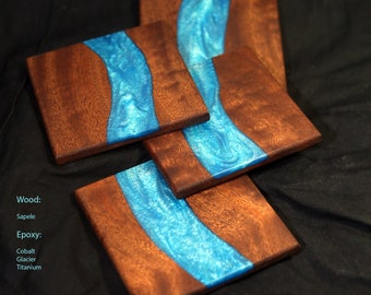 Handmade Hardwood & Epoxy River Coasters (Set of 4)