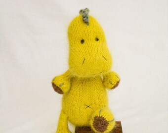 Small Yellow Knitted Dinosaur. Finished stuffed animal toy. Baby toys. Baby gift soft toy. Handmade knitted toy.