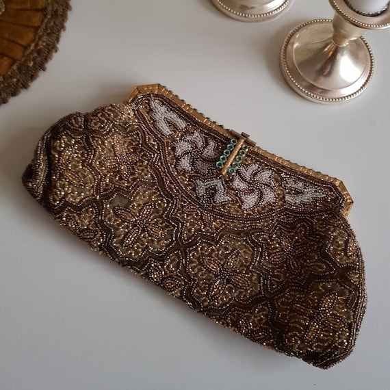 Vintage 1920s–30s Beaded Mini Purse – Gold French Handmade Evening Bag with Metal Frame