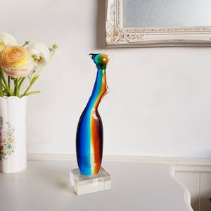 Vintage Crystal Cat Figurine – Multicolor Cut Glass Sculpture on Square Base, 12.3&quot; Tall