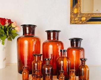 Set of 14 Vintage Amber Glass Apothecary Jars with Lids – Belgian Pharmacy & Kitchen Decor