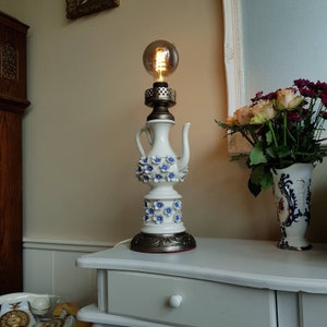 Vintage Porcelain Teapot Lamp with 3D Blue Flowers – Floral Table Light, E27/E26 Compatible