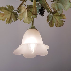 Vintage Italian Tole Fruit Chandelier – Grapes Ceiling Light with Frosted Shades, 5 Arms, Shabby Chic Decor