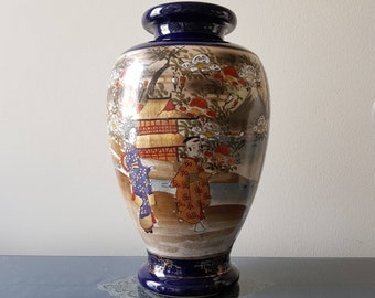 花瓶、薩摩焼、紺碧、芸者絵、東洋、日本、ヴィンテージ - Etsy 日本
