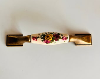 Vintage Floral Ceramic Brass Cabinet Handles - Made in Italy