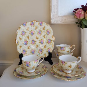 Vintage Royal Stafford Chintz Tea Set for Two – English Bone China Trio with Cake Plate, Milk Jug & Sugar Bowl